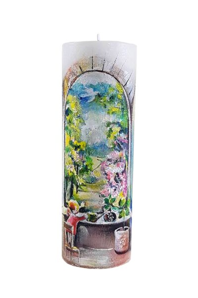 maalitud käsitööküünal aken laps kevad eritellimus Võhma Valgusevabrik