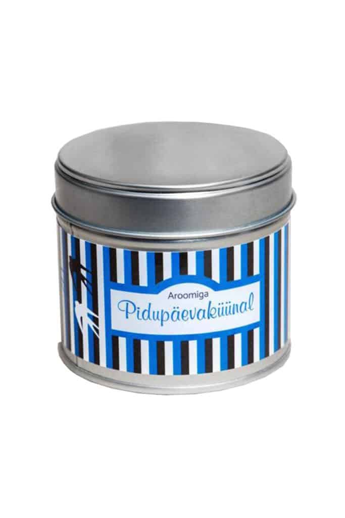 Festive scented candle in a tin cup with swallows