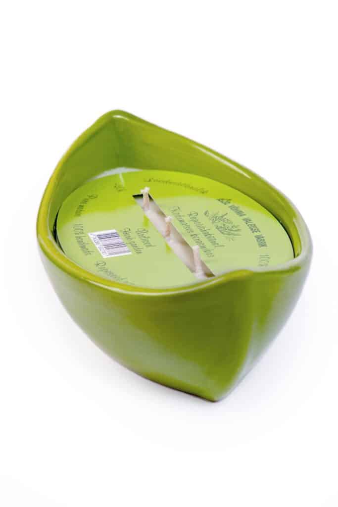 Rapeseed wax candle in ceramic boat  Herb garden