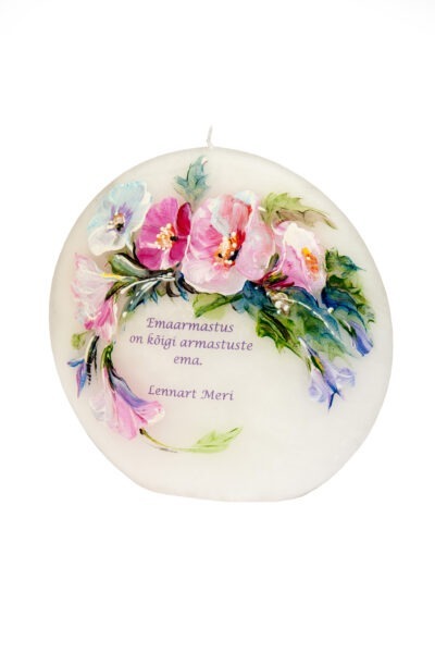 Hand-painted candle “For Mom”  Hand-painted beautiful picture of different flowers.  Size 15 x 14 x 5cm Estonian handicraft