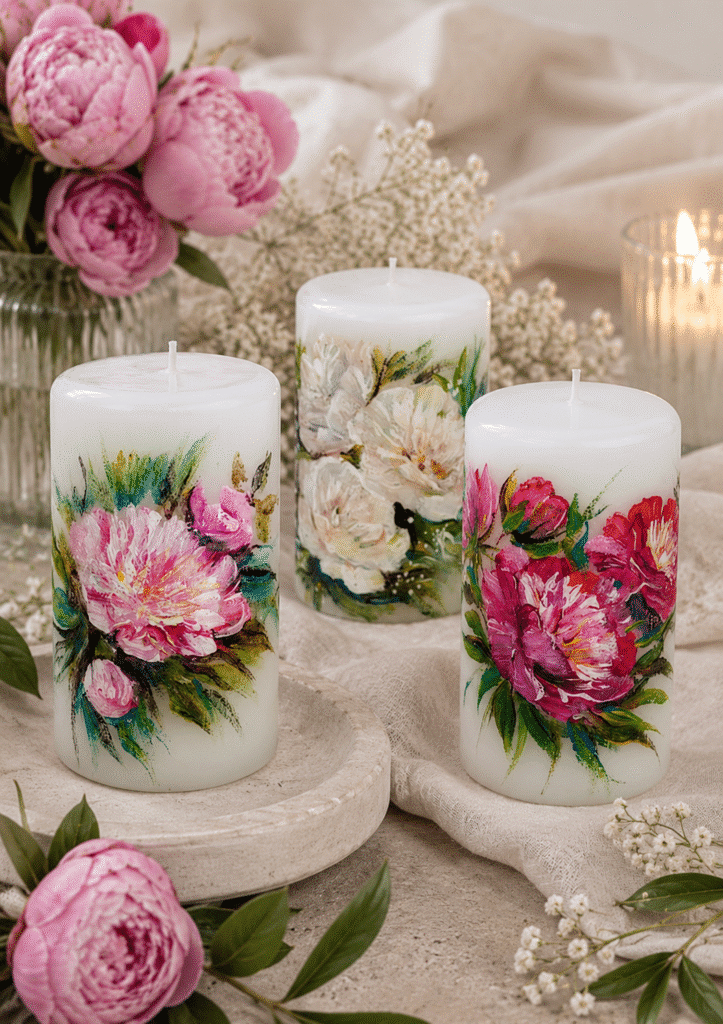 Handpainted Candle Peony