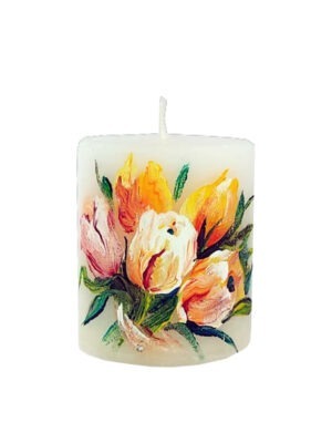 Handpainted candle "Yellow tulips"  Candle size 7 x 8cm, burning time 40h, unscented  Estonian handicraft Võhma Valgusevabrik