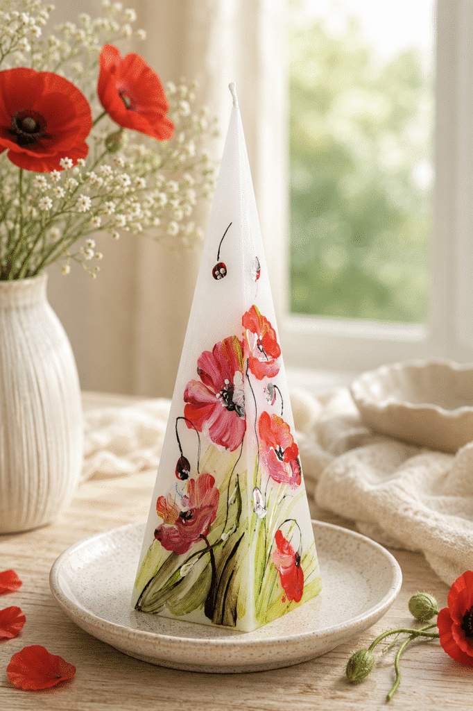 Handpainted Pyramid Candle Poppies