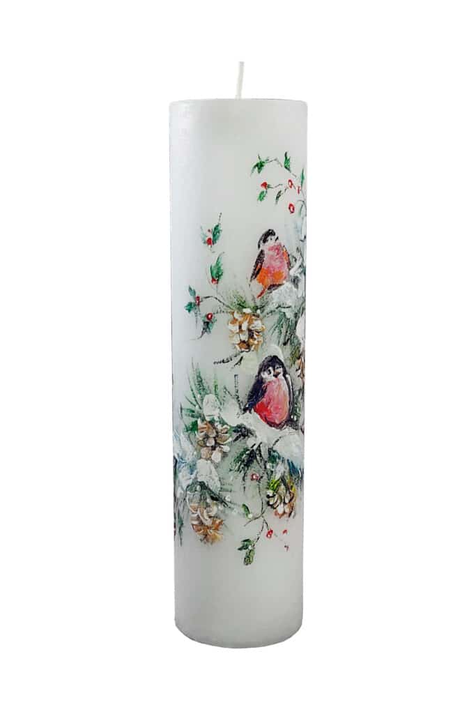 Hand-Painted Candle Bullfinches on a Branch