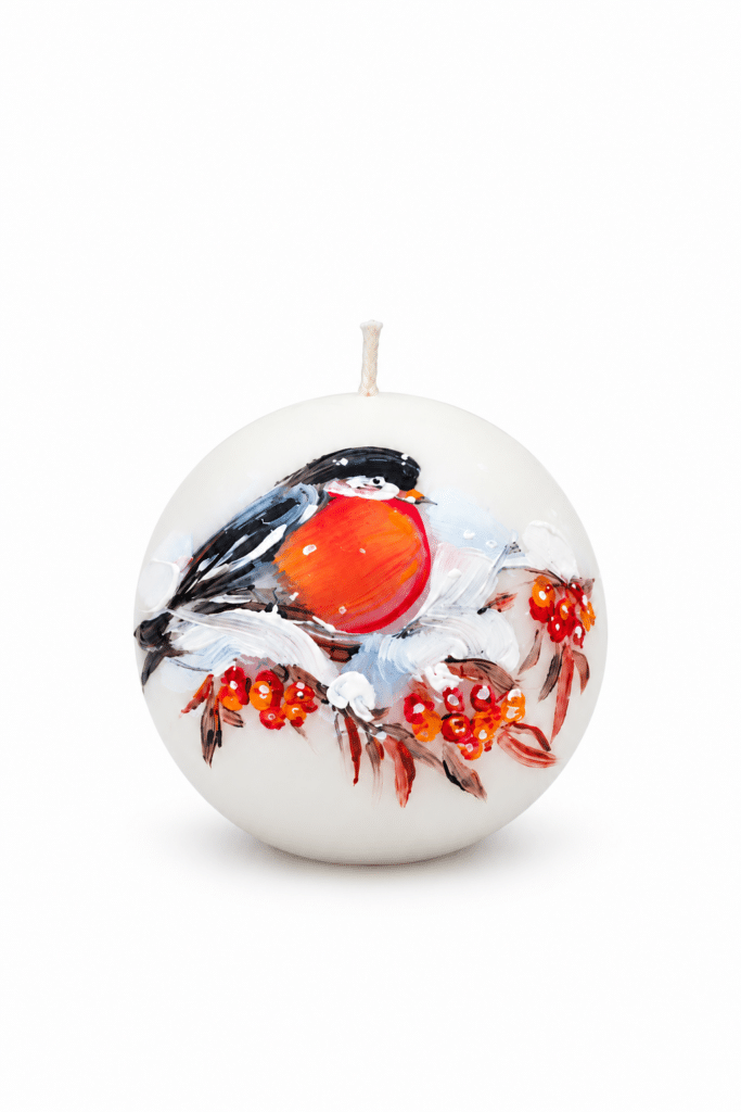 Hand-painted Round Candle Bullfinch And Rowan Berries