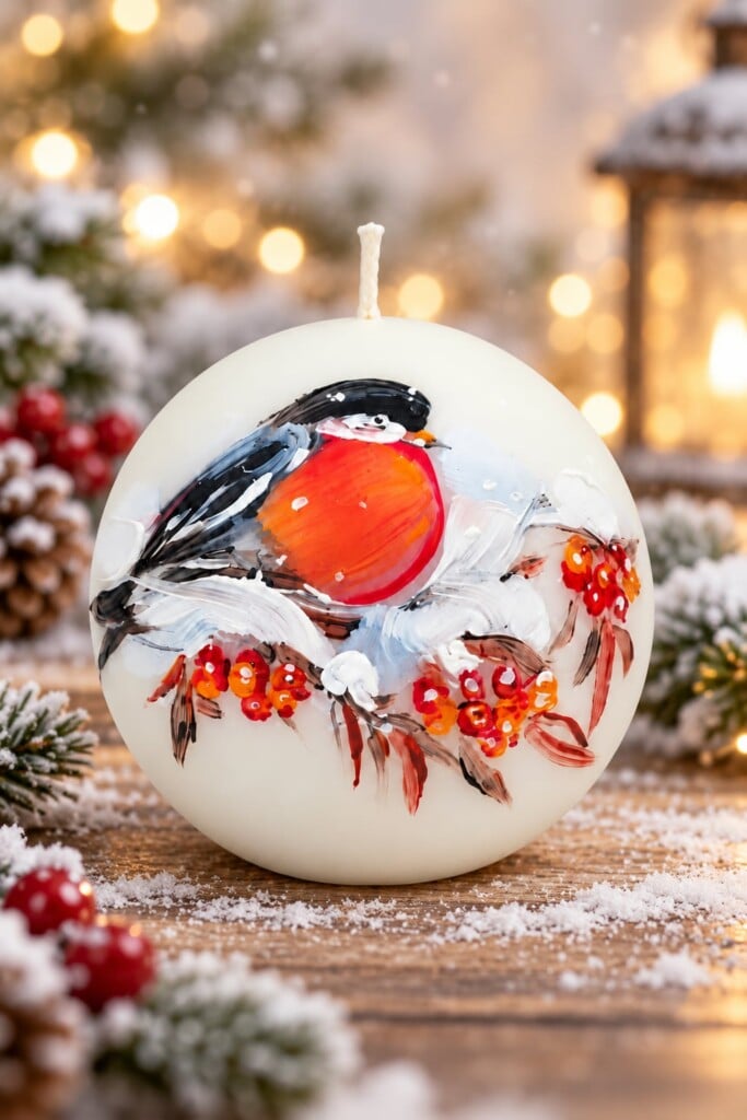 Hand-painted Round Candle Bullfinch And Rowan Berries