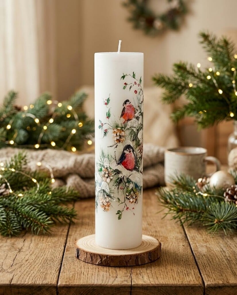Hand-Painted Candle Bullfinches on a Branch